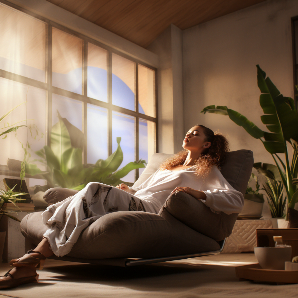 Femme relaxée assise confortablement sur un fauteuil dans son salon