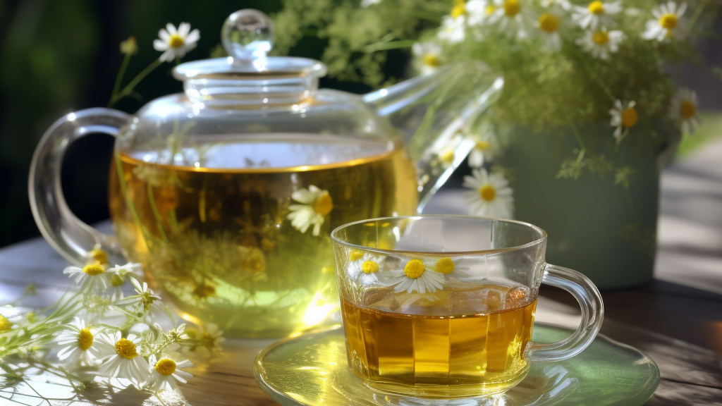 Tisane de camomille fraîchement préparée dans une tasse et une théière sur une terrasse, accompagnée d'un bouquet de camomille